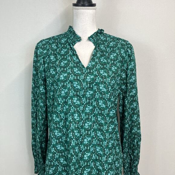 Talbots Blouse sz Medium Dark Green Floral Cottage Core Smocking Prairie Modest - Picture 2 of 10